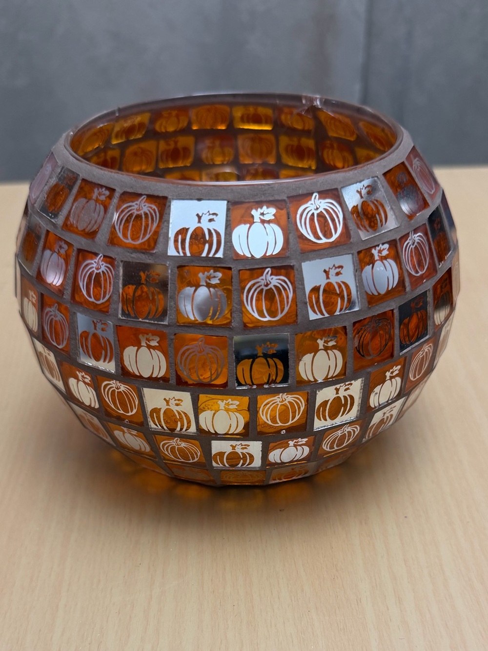 Amber Mosaic Pumpkin Glass Votive Holder
